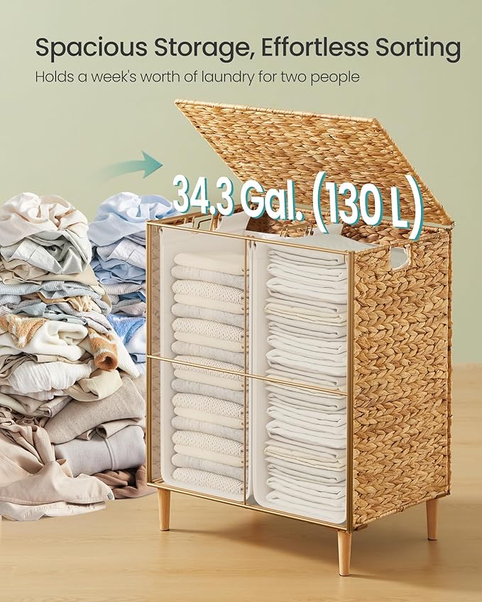 SONGMICS Laundry Hamper 2 Sections, 34.3 Gal. (130 L) Handwoven Water Hyacinth Wicker Laundry Basket with Lid, Natural Material, Removable Machine Washable Liners, Handles, Natural ULCB202Y01 - Image 3