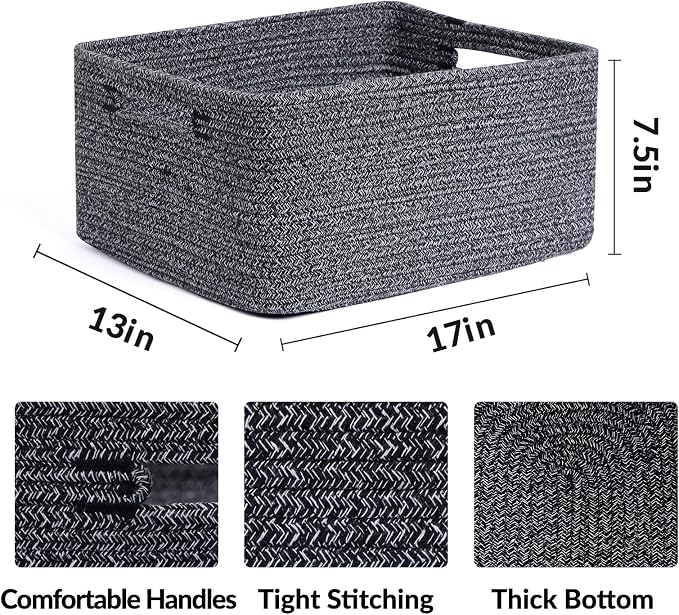 MiniArk Large Storage Baskets for Organizing, 17 x 13 x 7.5” Closet Shelf Baskets for Clothes Blanket Towels, Baby Nursery, Toy Bins Box, Woven Rope Baskets, 4 Packs Dark Gray - Image 2