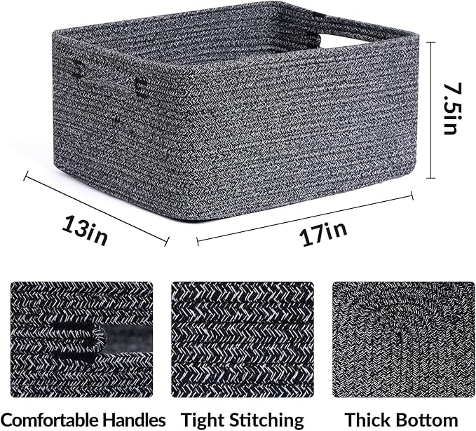 MiniArk Large Storage Baskets for Organizing, 17 x 13 x 7.5” Closet Shelf Baskets for Clothes Blanket Towels, Baby Nursery, Toy Bins Box, Woven Rope Baskets, 4 Packs Dark Gray - Image 2