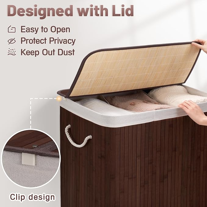 Aliphon 150L Laundry Hamper with lid, 3-Section Clothes Laundry Basket with Handles, Large Collapsible Bamboo Baskets for Bedroom, Bathroom, Dorm, Brown - Image 7