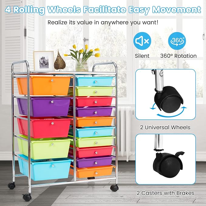 DREAMADE Rolling Cart with 15 Drawers, Rolling Drawer Organizer Cart w/Lockable Wheels, Removable & 2-Sized Storage Drawers, Art Cart for School Home Art Supplies Crafts File Scrapbook (Multi-color) - Image 5