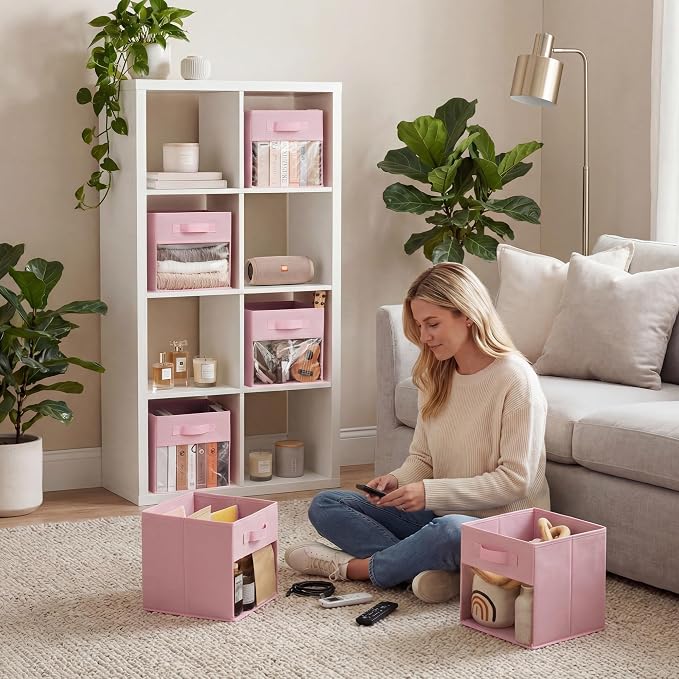 GRANNY SAYS 11 Inch Cube Storage Bins with Clear Window, Pink, 6-Pack | Collapsible, with Thickened Base Plate, Sturdy Handles, Decorative Baskets for Shelves, Closet, Organizing Toys, Clothes - Image 3