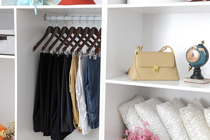 Quality Wooden Skirt Hangers with Clips, 10-Pack Smooth Solid Wood Pants Hangers with Durable Adjustable Metal Clips, Swivel Hook, Coat, Jacket, Blouse Suit Hangers (Walnut - Chrome Hook, 10) - Image 3