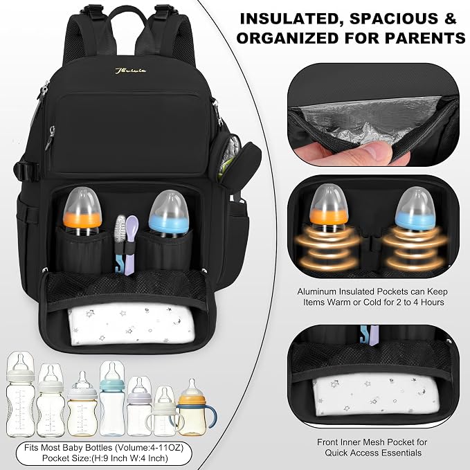IBVIVIC Diaper Bag Backpack with Portable Changing Pad, Black | Multifunctional Baby Bag for Mom Dad, Large Capacity, Stroller Straps, Insulated Bottle Pockets & Pacifier Case - Image 2
