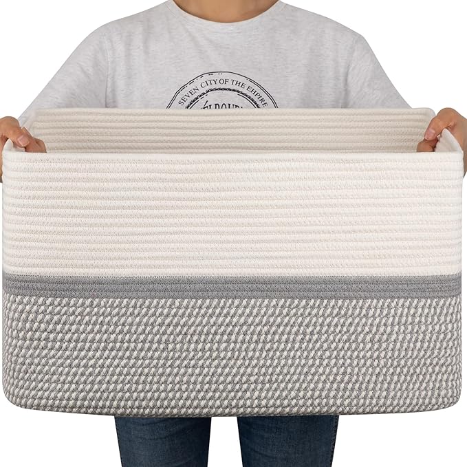 OIAHOMY Blanket Basket Laundry Basket Dog Toy Basket 75L Grey/White | Large Storage Basket,Baby Basket,Toy Storage,Woven Rope Basket for Blankets,Blanket Storage for Living Room by MasterofSpaceOptimization