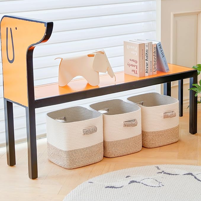 R RUNKA Storage Cube Baskets 3-Pack - 11 inch Square Baskets, Closet & Shelves Organizers - Woven & Drawer Storage - Ideal for Toys | White & Beige - Image 7