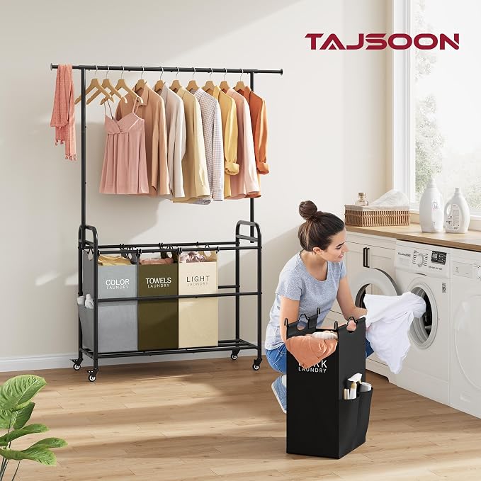 Laundry Sorter Cart with Hanging Clothes Rack, 4 Section, 4 Colors | Laundry Hamper Cart with Removable Bags, Laundry Sorter with Wheels, 4 Bag Laundry Basket Organizer for Laundry Room, Family - Image 2