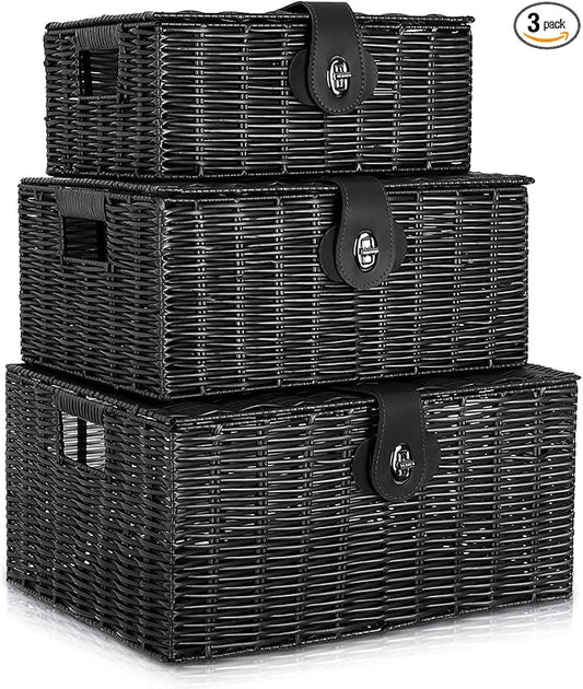 Set of 3 Woven Wicker Storage Basket Box with Lids & Lock, Built-in Carry Handles, Multifunctional Storage Organizer for Nursery, Baby, Clothes, Toys, Books, Large/Medium/Small Size (Black) by Homepeaz