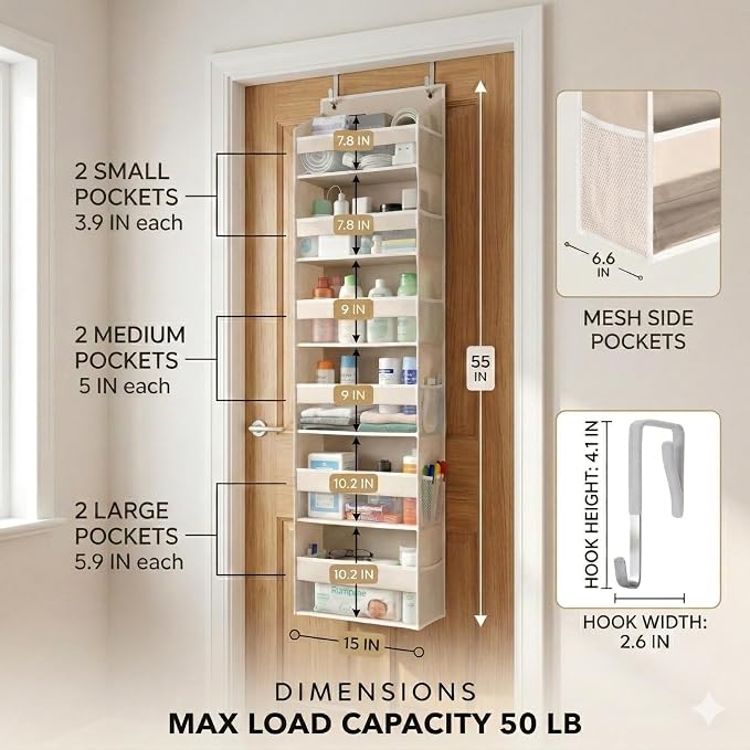 Over the Door Organizer, 6-Tier, 100D Fabric, Ivory 1pc | Over the door shoe organizer, 50 lbs capacity, 12 side mesh pockets, 100D extra thick fabric, Closet & entryway storage - Image 2