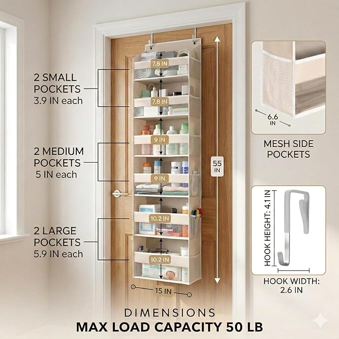 Over the Door Organizer, 6-Tier, 100D Fabric, Ivory 2pc | Over the door shoe organizer, 50 lbs capacity, 12 side mesh pockets, 100D extra thick fabric, Closet & entryway storage - Image 2