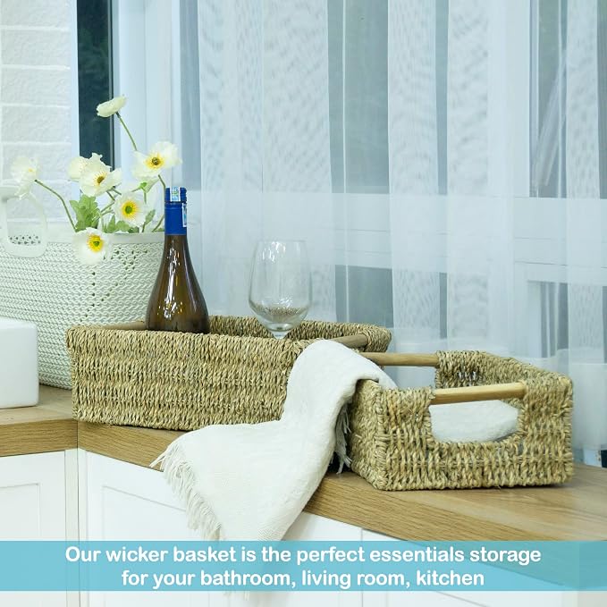 VATIMA Seagrass Baskets with Wooden Handles, Set of 3 Decorative Natural Wicker Baskets for Kitchen - Image 2