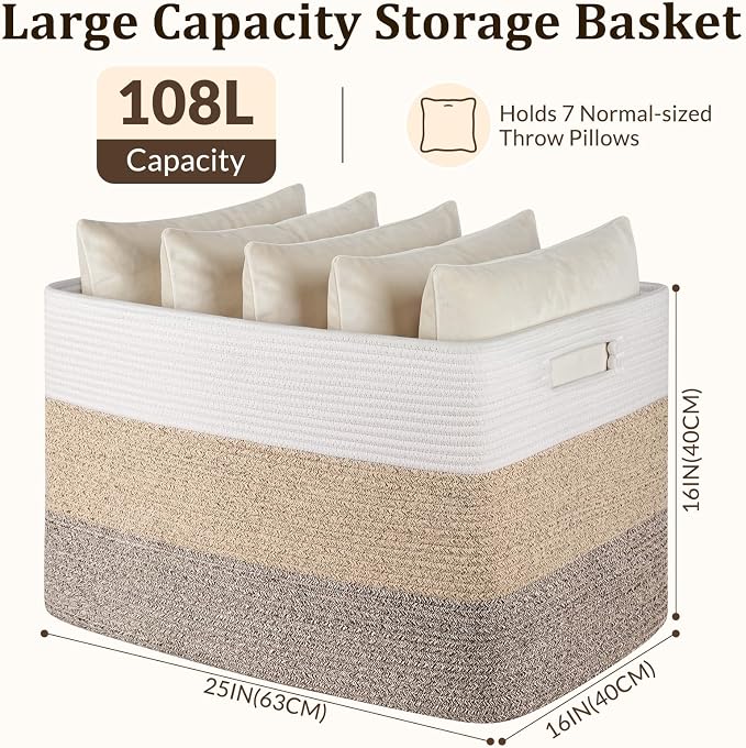OIAHOMY 108L Extra Large Blanket Basket Dog Toy Basket Gradient Blue | Rectangle Woven Baskets for Storage Cotton Rope Basket For Living Room Toy Storage Blanket Storage Laundry Basket - Image 2