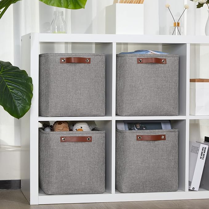 DULLEMELO 11 inch Cube Stroage Bins 4 Pack Small Grey Square Storage Baskets Cube Organizer, Linen Closet Organizers and Storage Baskets for Shelves Bedroom Storage - Image 5
