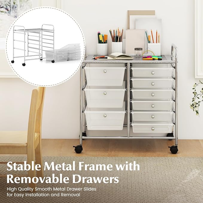 RELAX4LIFE 9 Drawer Rolling Storage Cart - Mobile Drawer Carts for Craft Art Supply Paper Salon, Utility Cart on Wheels for Classroom Teacher School Office, Rolling Cart with Drawers (Clear) - Image 5