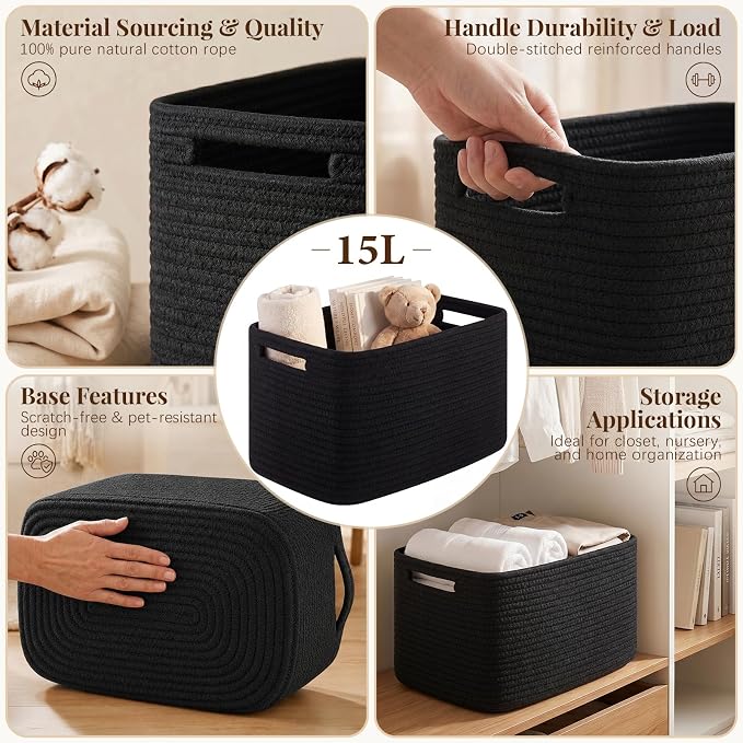OIASKET 4Packs Natural Cotton Rope Storage Baskets for Organizing Toys, Clothes, Towels & Books, Soft Versatile Organizers for Shelves, Home Decorative Bins, 13''Lx9''Wx7.8''H, Black - Image 3