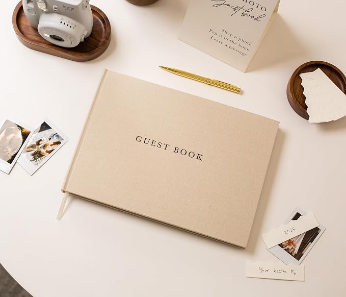 Real Linen Guest Book Set - 11.5 x 8.5 Embossed Guestbook for Weddings, Showers, Events, Blank & Lined, Comes with Sign, Pen, Box and Photo Sleeves, 120 Pages (Beige) - Image 2