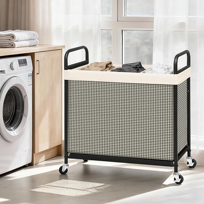 STORAGE MANIAC Rolling Laundry Hamper with Wheels 3-Section Laundry Sorter Rolling Laundrys Basket on Wheels with Removable Bag Clothes Hamper Laundrys Organizer Cart Bathroom Bedroom 120L Beige - Image 2
