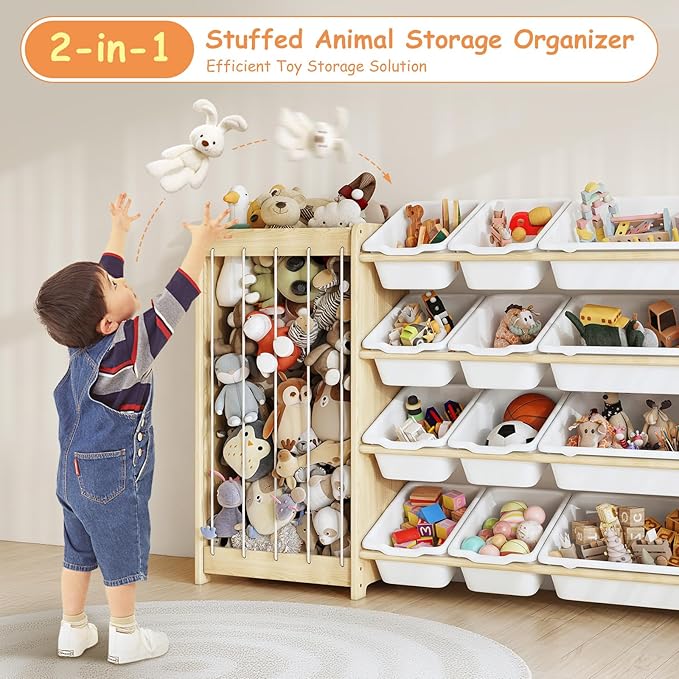 EXPERLAM Kids Toy Storage Organizer, 2-in-1 Stuffed Animal Storage & Toy Organizer w/12 Bins, Solid Wood Toy Rack Featuring Thicker Elastic Ropes to Hold Toys, Playroom Nursery Bedroom Storage, White - Image 3