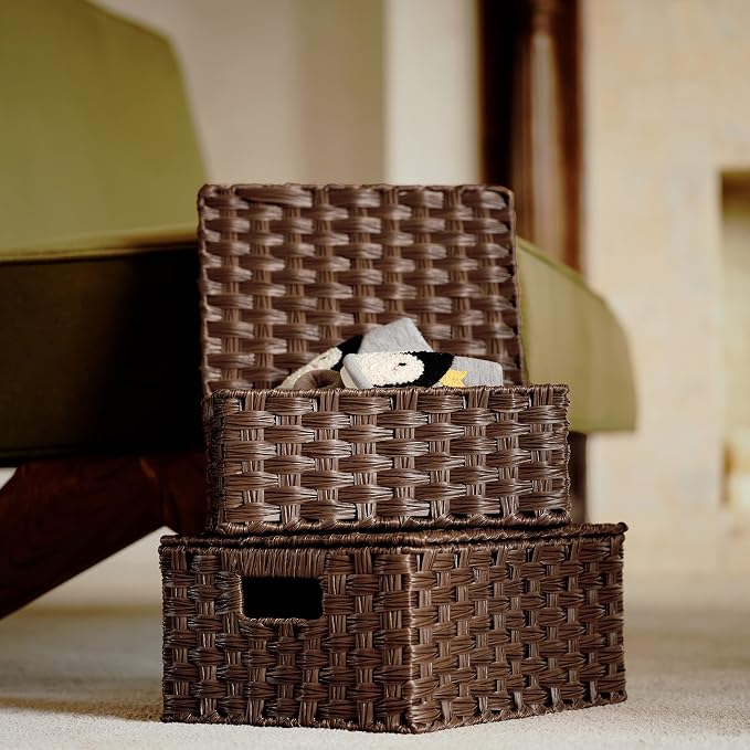 GRANNY SAYS Wicker Baskets with Lids, Decorative Storage Boxes with Lids | Woven Baskets with Lids, Wicker Baskets for Storage, Decorative Storage Boxes, Woven Stackable Basket with Lid, 3 Pack - Image 2