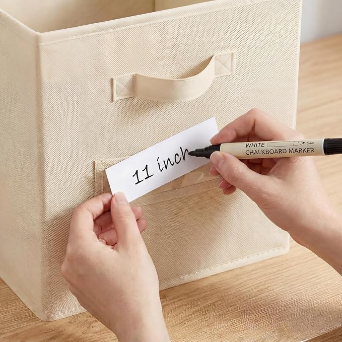 Storage Bins,11 Inch Cube Storage Bin with Labels,6pcs,Beige | Fabric Storage Cubes for Shelves,11 Inch storage cube bins with 6 Labels Window Cards & a Pen. - Image 4
