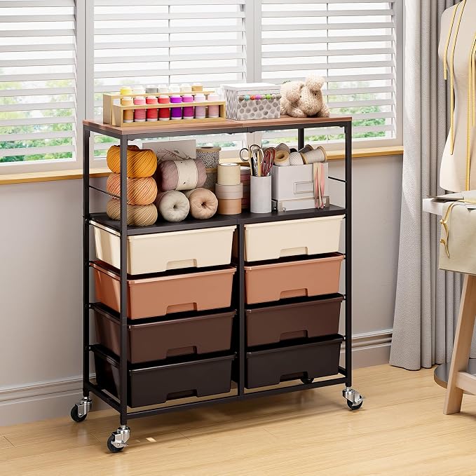 Rolling Storage Cart with 8 Large Drawers, Wooden Tabletop | Open Storage Shelves, Mobile Craft Organizer with Lockable Wheels for Home, Classroom, Office Supplies & Art Studio,Brown - Image 2