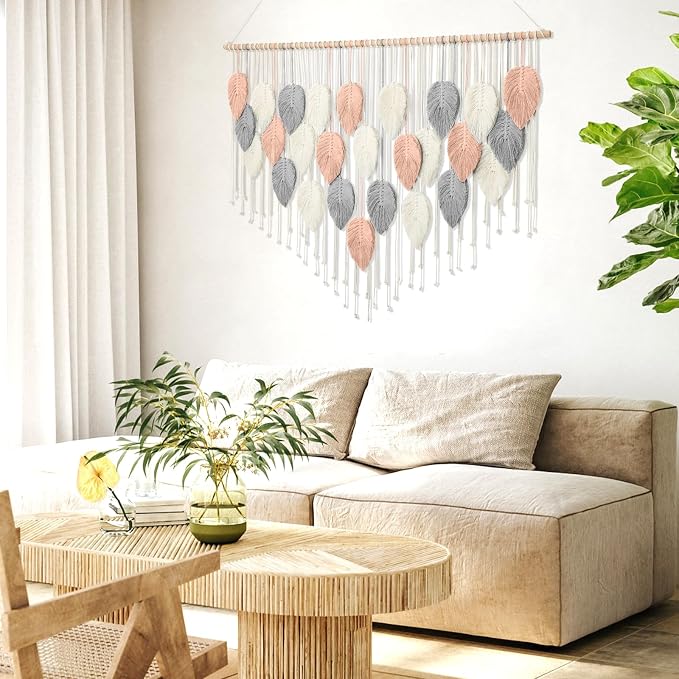 Alynsehom Large Macrame Wall Hanging, Boho Woven Tapestry, Chic Modern Bohemian Handmade Leaf Feather Wall Art Home Decor for Apartment Dorm Living Room Bedroom Nursery Backdrop (51.5" W X 33.5" L) - Image 5