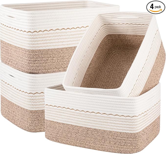 OIASKET 4 Pack Storage Baskets for Organizing, 15.75''x11.8''x7.87'', Decorative Cotton Rope Baskets for Shelves, Small Woven Basket for Toys, Books and Towels, Brown&White by OIASKET
