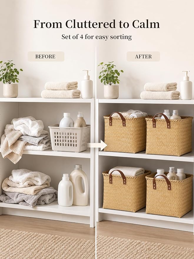 Wicker Storage Baskets, 4 Pack Woven Baskets for Shelves, Yellow | PP Rattan, Water-resistant Wicker Basket, Large Baskets with Faux Leather Handles for Blanket, Laundry Organizer, Room Decor - Image 4