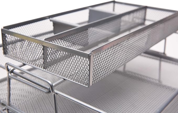 Exerz Layer of 2 Wired Mesh Paper Sorter Plus an Accessory Tray/Desk Organiser/Detachable File Holder, with Extra Divider/Memo Holder On Top – Office, School, Study Multifunctional Essential. | Two Tier A4 File Storage With Divided Accessory Sections F... - Image 4