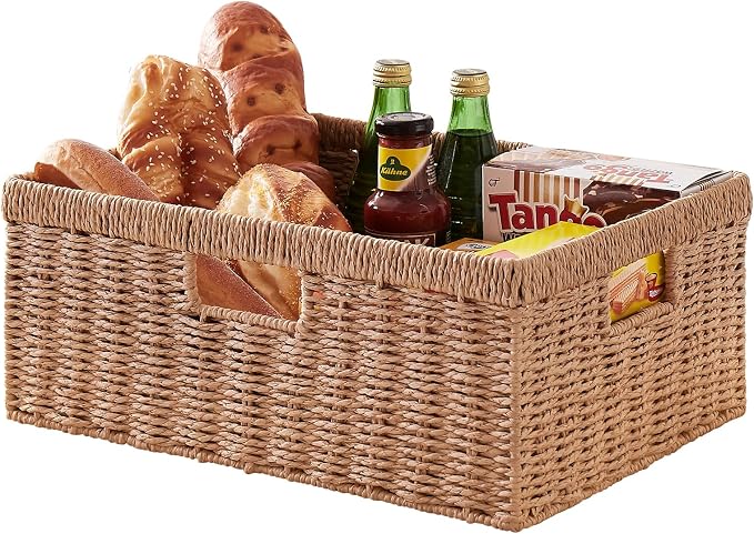 OIAHOMY Wicker Storage Basket, Rectangular Paper Rope Shelf Baskets with Built-in Handles, Woven Decorative Organizer for Pantry, Shelves, Living Room and Bathroom, 1-Pack Natural by MasterofSpaceOptimization