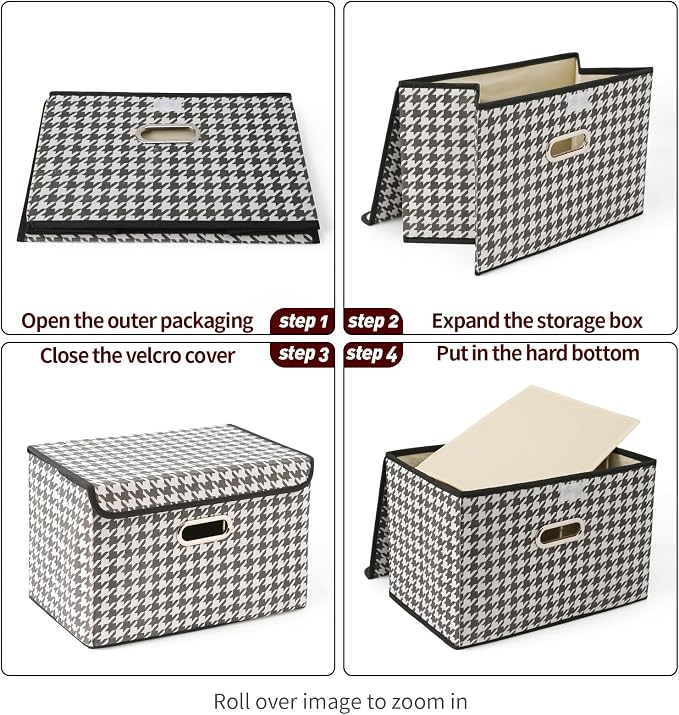 STOREONE Fabric Storage Cube Bins Foldable Organizer Container Collapsible Basket with Lids and Metal Handles, for Home, Bedroom, Closet 3 Pcs (Houndstooth) - Image 6