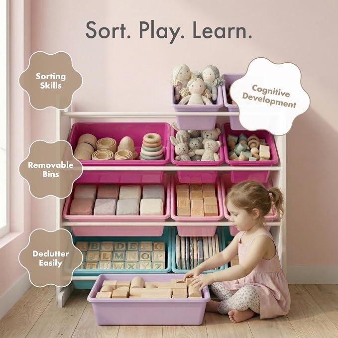 Humble Crew Kids Toy Organizer with 12 Bins, 4 Tier Storage for Playroom | Sturdy wood and steel toddler shelf, removable BPA-free containers, wall anchor anti-tip safety kit for bedroom or classroom - Image 5
