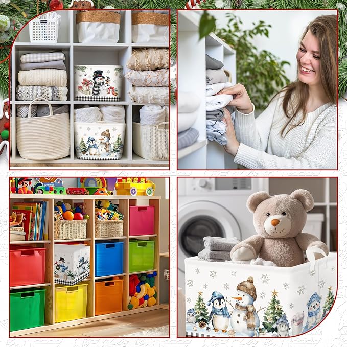 CHENGU 6 Pack Winter Storage Basket Collapsible Winter Basket for Gifts Buffalo Plaid Holiday Decor Large Snowman Bin Foldable Tree Box with Handle for Bedroom Office Home - Image 5
