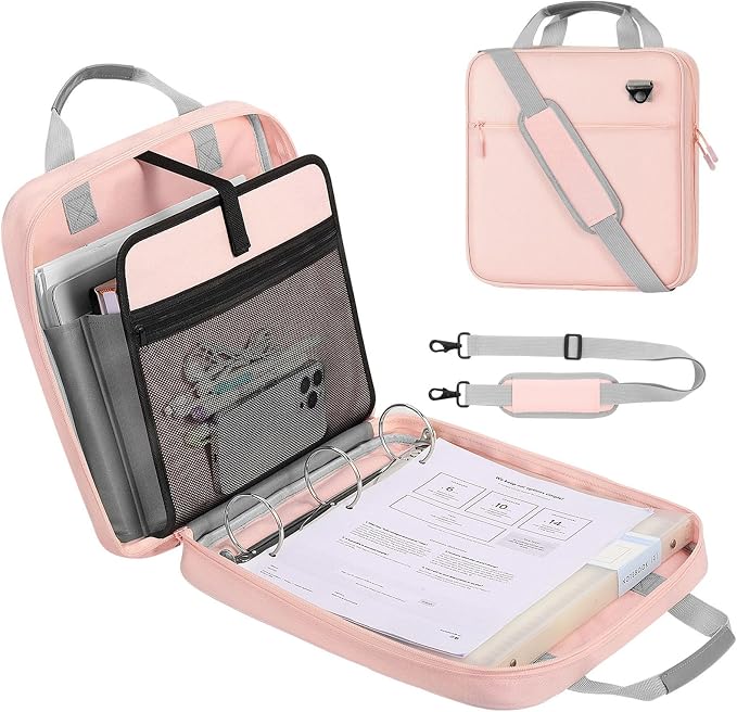 MoKo Zipper Binder, 2-Inch 3 Ring Binder with Zipper, 500 Sheets Capacity Zipper Binders with Shoulder Strap & Handle, Multi-Pocket Zipper Bag Organizer for Work School, Pink & Gray by MoKo