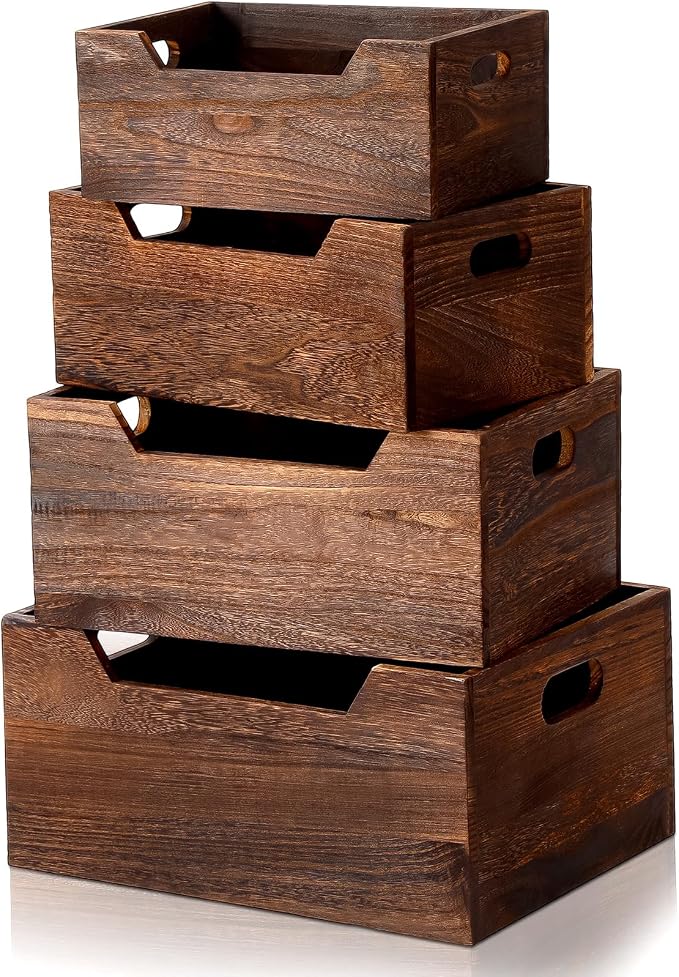 4 Pack Wood Crates Nesting Storage Baskets Decorative Farmhouse Wooden Organizer Crates Boxes with Open Front and Handle Rustic Nesting Baskets for Fruit Vegetable Kitchen Bathroom - Image 7