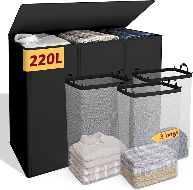 220L Laundry Hamper 3 Section,Large Laundry Hamper with Lid,Dirty Clothes Hamper with 3 Inner Bags,Collapsible Laundry Basket Organizer for Laundry Room,Bedroom,Laundry Sorter Hamper 3 Compartment by Vincona