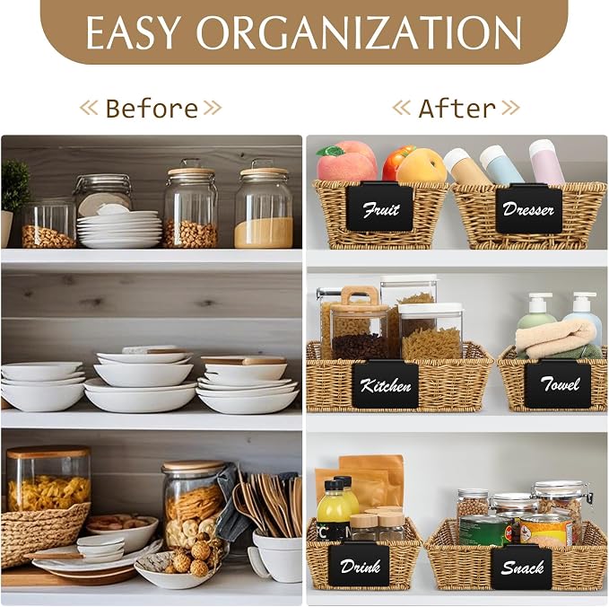 Marsui 9 Pcs Wicker Storage Baskets for Pantry Organization with Handle Labels Handwoven Multi-size Brown Small Organizer Baskets Storage Bins Container for Shelves Closet Toilet Christmas Holiday - Image 6