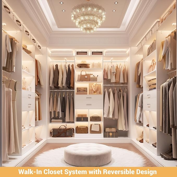 5FT Small Closet System, Baby Closet Organizer System with Wooden Drawers, 60 Inches Walk In Closet System With 5 Hanging Rods and 3 Reversible Hanging Shelving, White - Image 8