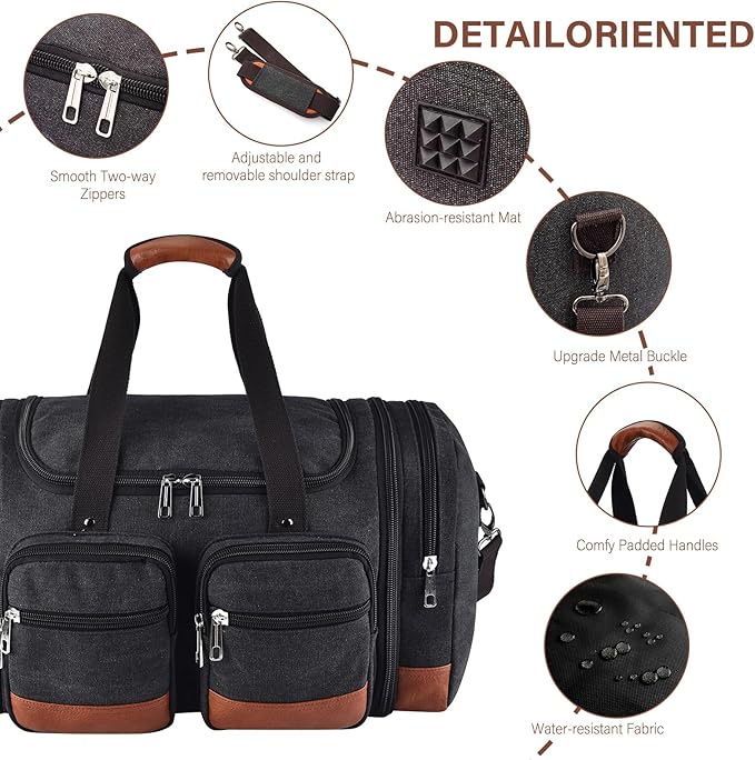 Canvas Duffle Bag For Travel, 50L Expandable Carry on Overnight Travel Duffel Bags with Laptop Compartments Weekend Gym Bag for Men(Black) - Image 7