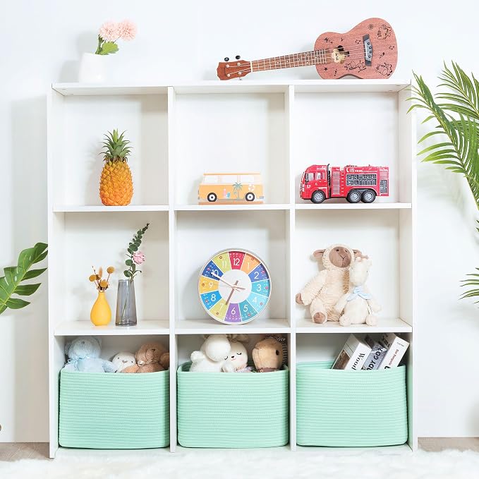 3-Pack Decorative Woven Storage Baskets for Shelves, Cube Bin Box for Organizing Books, Shoes, Dog Toys, Pantry Closet and Living Room Organizer, Mint - Image 4