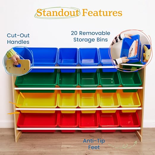 ECR4Kids 4-Tier Organizer with 20 Removable Plastic Bins, 4x5, Toy Storage, Natural/Primary | Durable plastic bins, MDF panels, steel frame, GREENGUARD Gold Certified, 72 lb capacity, anti-tip kit, playroom/classroom - Image 6