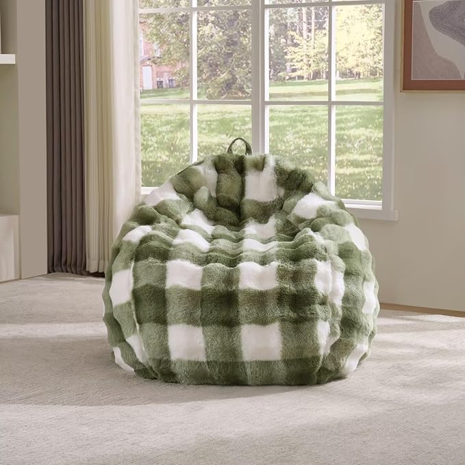 Fluffy Faux Rabbit Fur Bean Bag Chair Cover(No Filler),Cozy Shaggy Bubble Stuffed Animal Storage Large Bean Bag Cover for Bedroom Living Room,Fuzzy Bean Bag Cover Girls Teens Adult,Sage Green by Animebody