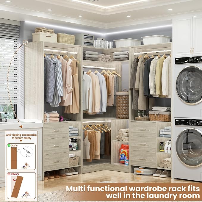 Aheaplus Closet System with 6 Drawers, 4 Hanging Rods & Corner Tower, Corner Closet System with Hanging,92.6" L-Shaped Walk-In Wardrobe Organizer, 2000+ lbs Capacity, Set of 3, White Oak - Image 5