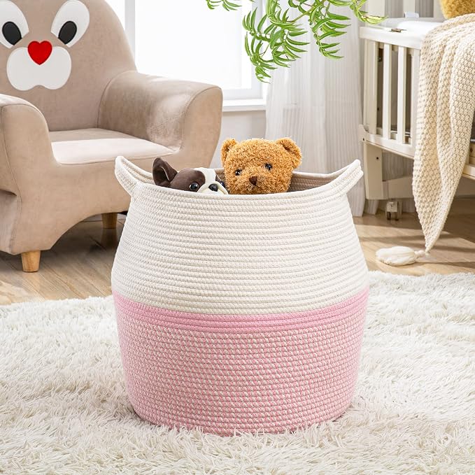 KAKAMAY Woven Baskets for Storage(17"x17"),Large Cotton Rope Woven Baby Laundry Hamper,Collapsible Laundry Basket, Blanket Basket for Organizing Living Room,Nursery,Pillows,Toy Chest(Pink) - Image 5