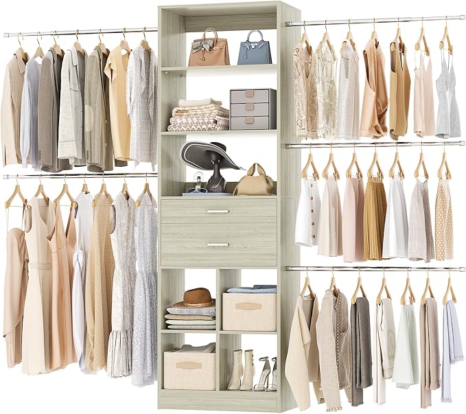 Besiost Closet System, 4-8 FT Closet Organizer Tower with 2 Wooden Drawers and Shelves, Can Fit 60 to 96 inch Walk-in Closet System with 5 Hang Rods, Built-in, Greige Oak by Besiost
