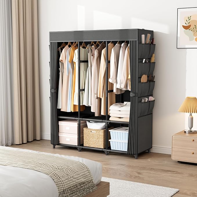 Wardrobe Closet, Portable Closets for Hanging Clothes 19mm Steel Tube Portable Wardrobe Closet for Bedroom, Clothes Rack with Cover, 3 Hanging Rod, 6 Storage Shelves and Side Pocket - Image 2