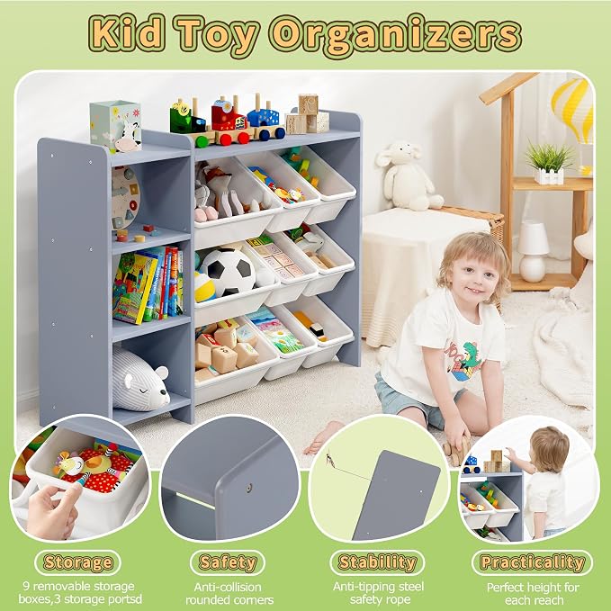 MallBest Kids Toy Storage Organizer with Bins, Solid Pine Wood Frame Toy Storage Cabinet and Kids Bookshelf, 3-Tier Playroom Organizer for Kids Room, Nursery and Bedroom,Grey-Single - Image 6