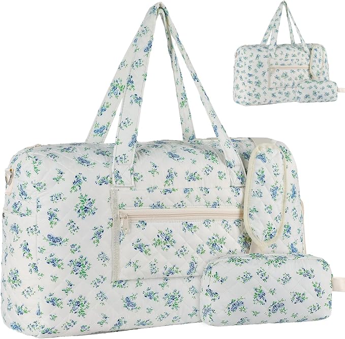 Sage Floral Quilted Weekender Duffel Bag Set with Shoe Compartment | Women's Overnight Hospital Bag for Labor Delivery, Carry-On Travel Duffel with Toiletry Pouch for Gym & Getaway by Unknown