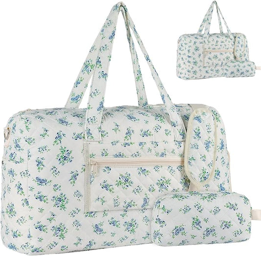 Sage Floral Quilted Weekender Duffel Bag Set with Shoe Compartment | Women's Overnight Hospital Bag for Labor Delivery, Carry-On Travel Duffel with Toiletry Pouch for Gym & Getaway by Unknown