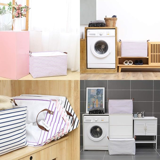 Hinwo 2-Pack Extra Large Canvas Fabric Storage Baskets with Handles, 70L Oversized Storage Bins, Collapsible Storage Box, Clothes, Toys, Blankets Organizers, 22 x 15 x 13 inches, (Purple Stripe) - Image 3